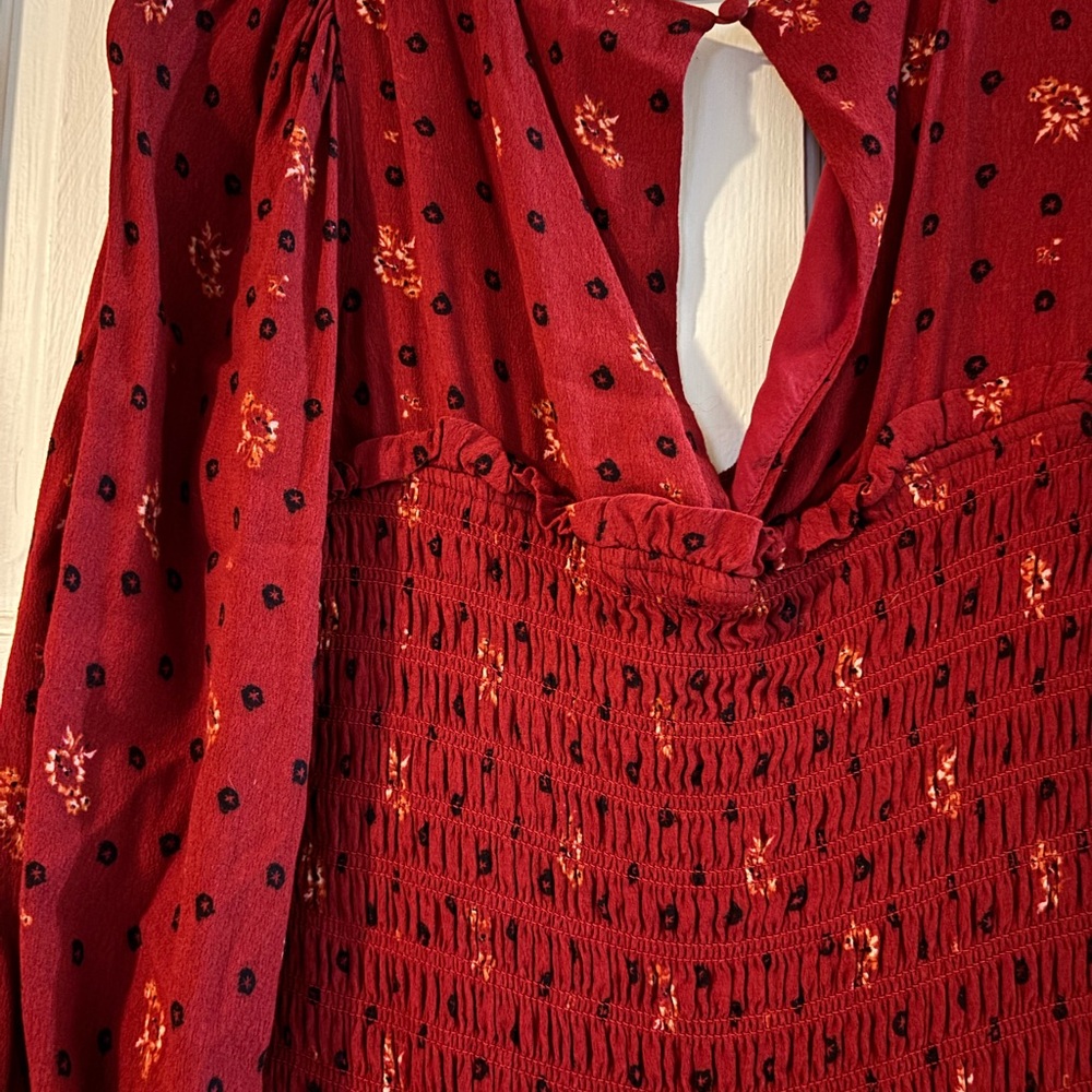 Free People Burgundy Red  Floral Smocked Long Sleeve Dress - Picture 6 of 9